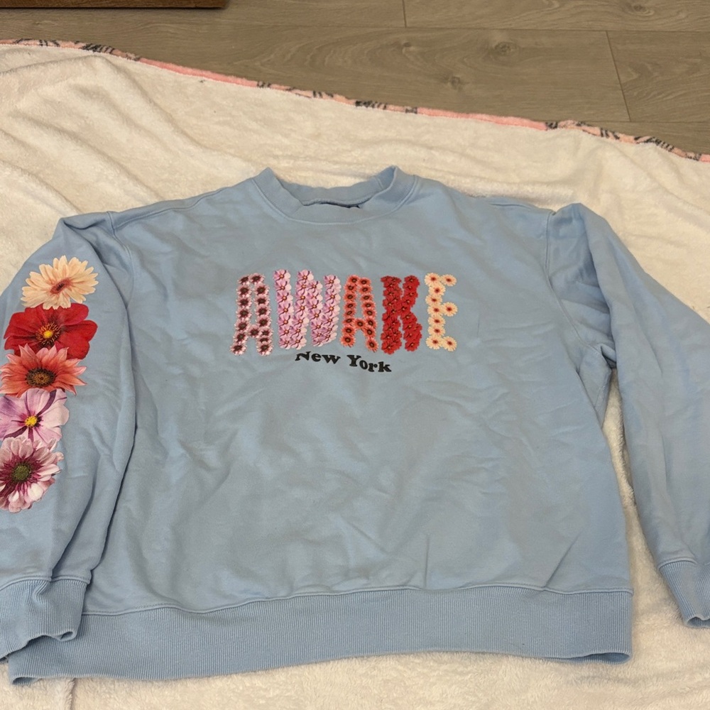 Awake New York Blue Sweatshirt with Floral Sleeve